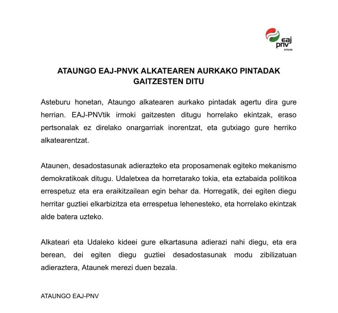 Ataungo EAJ-PNVk Martin Aramendi alkatearen aurkako pintaden inguruan argitaratutako gaitzespena 20250317