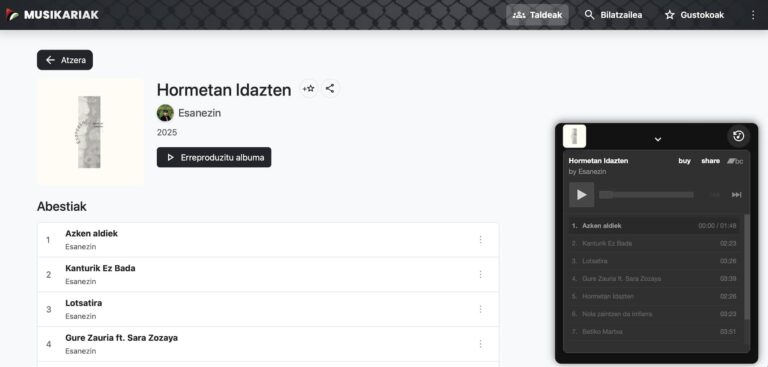 Musikariak.eus webgunean Esanezinen ‘Hormetan Idazten’ albuma 20260107